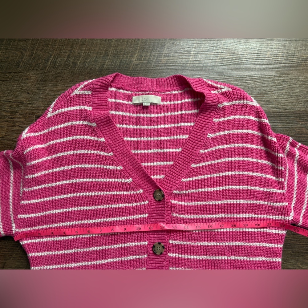 LOFT Striped Relaxed V-Neck Cardigan sweater pink & white preppy casual sz L - Picture 7 of 16